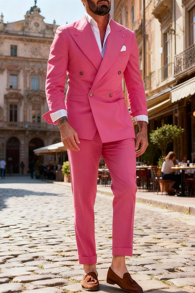 Fuchsia 2 Piece Peak Lapel Double Breasted Men Prom Suits with Sleeves
