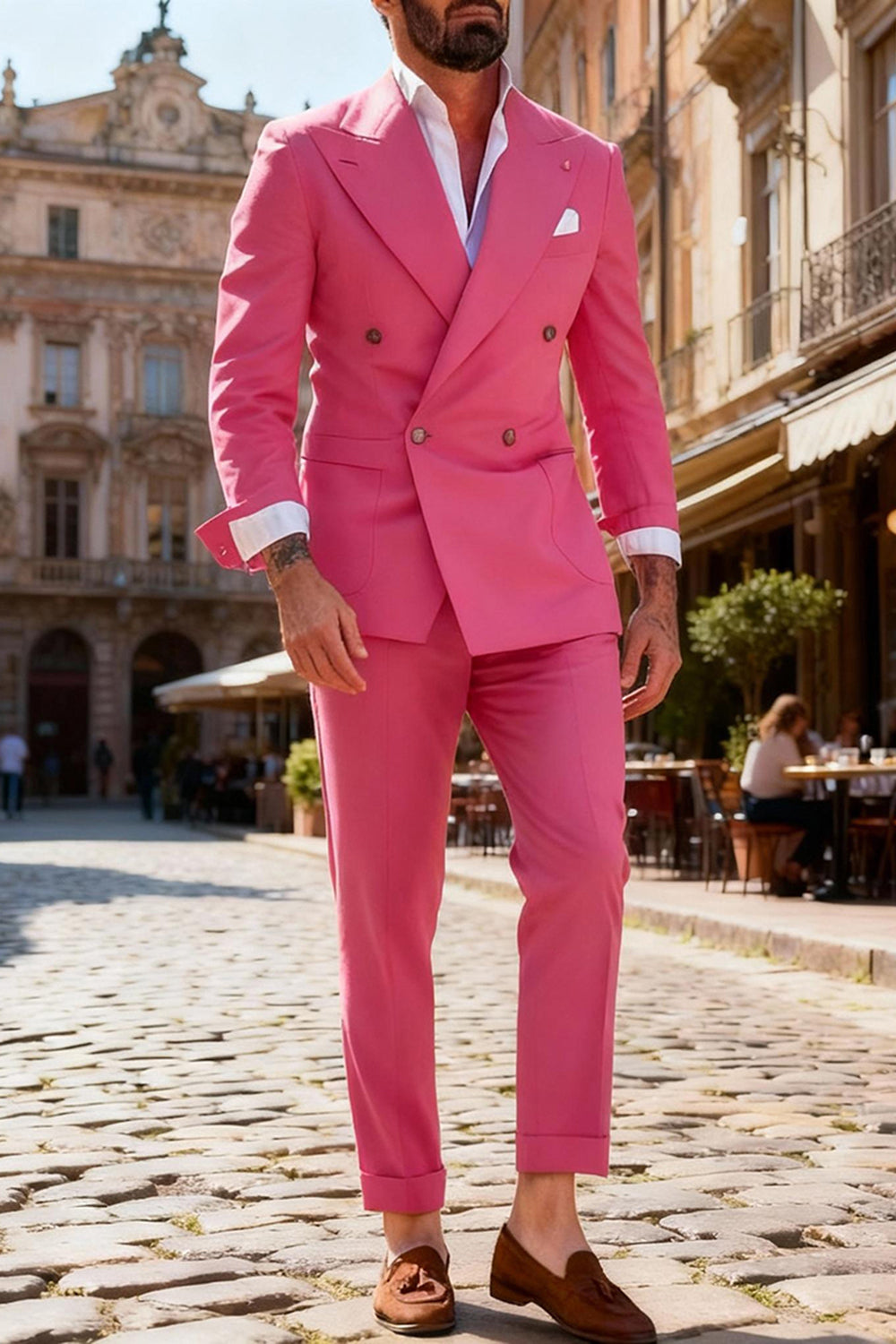 Fuchsia 2 Piece Peak Lapel Double Breasted Men Prom Suits with Sleeves