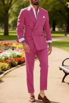 Fuchsia 2 Piece Peak Lapel Double Breasted Men Prom Suits with Sleeves