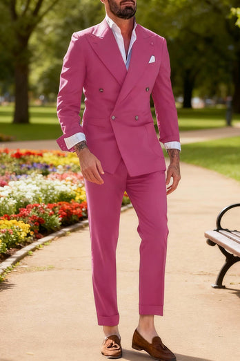 Fuchsia 2 Piece Peak Lapel Double Breasted Men Prom Suits with Sleeves