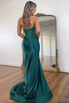 Sparkly Dark Green Beaded Corset Mermaid Long Prom Dress with Slit