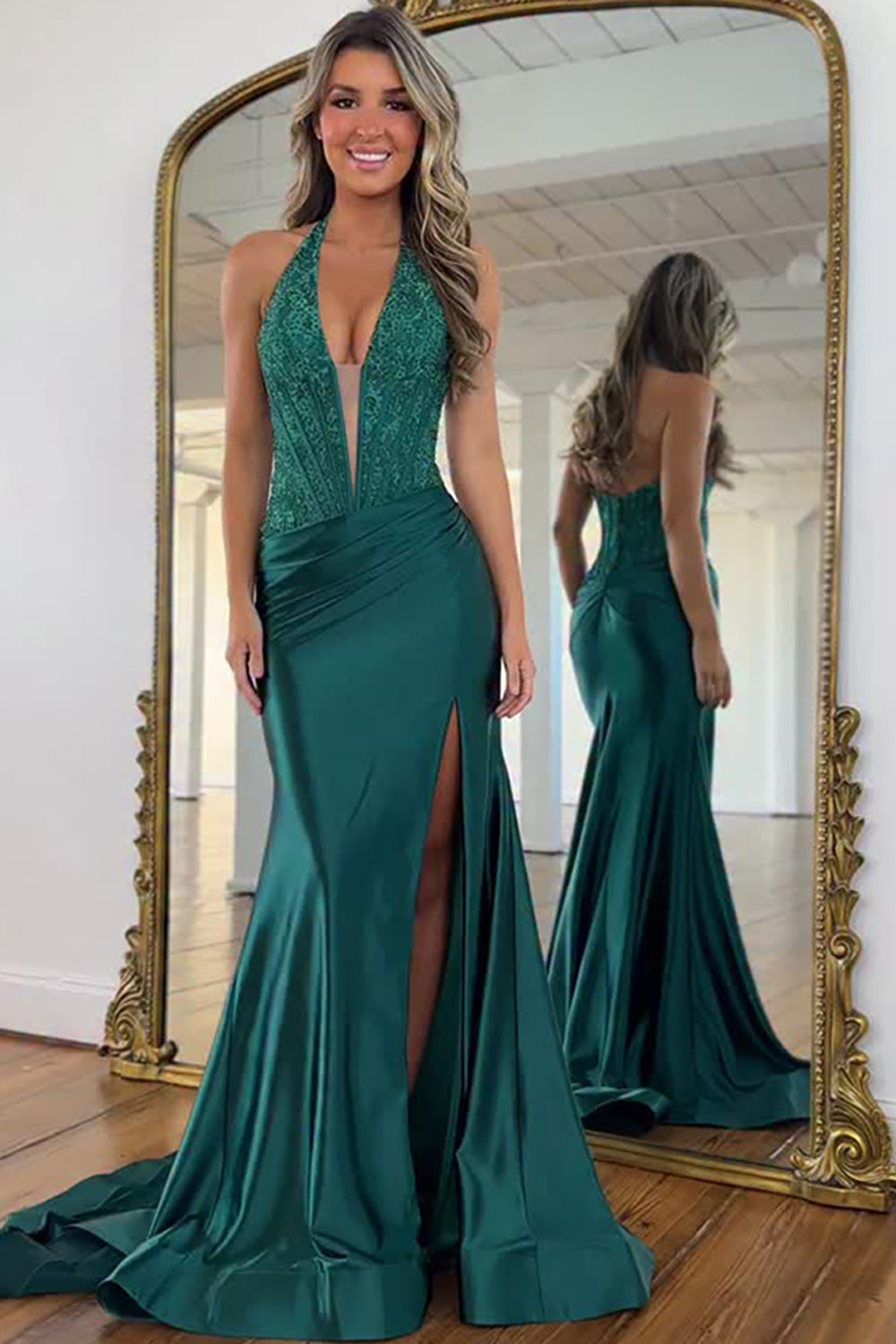Sparkly Dark Green Beaded Corset Mermaid Long Prom Dress with Slit