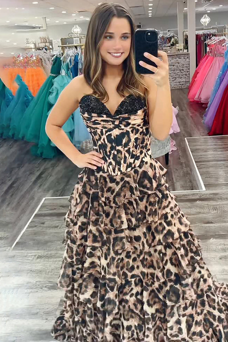 Load image into Gallery viewer, Sparkly Brown Leopard Beaded Sweetheart Corset Long Prom Dress with Ruffles