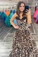 Load image into Gallery viewer, Sparkly Brown Leopard Beaded Sweetheart Corset Long Prom Dress with Ruffles