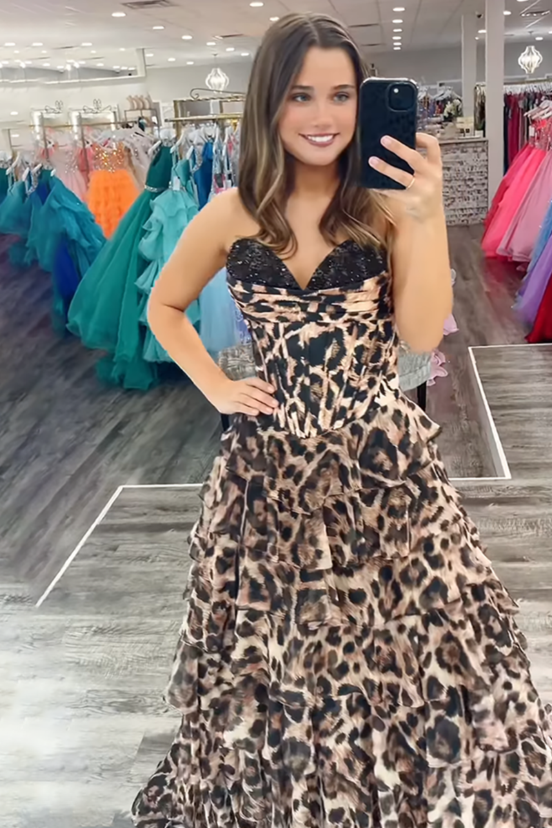 Load image into Gallery viewer, Sparkly Brown Leopard Beaded Sweetheart Corset Long Prom Dress with Ruffles