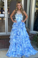 Load image into Gallery viewer, Sparkly Blue Flower Ruffled Sweetheart Corset Long Prom Dress with Beading