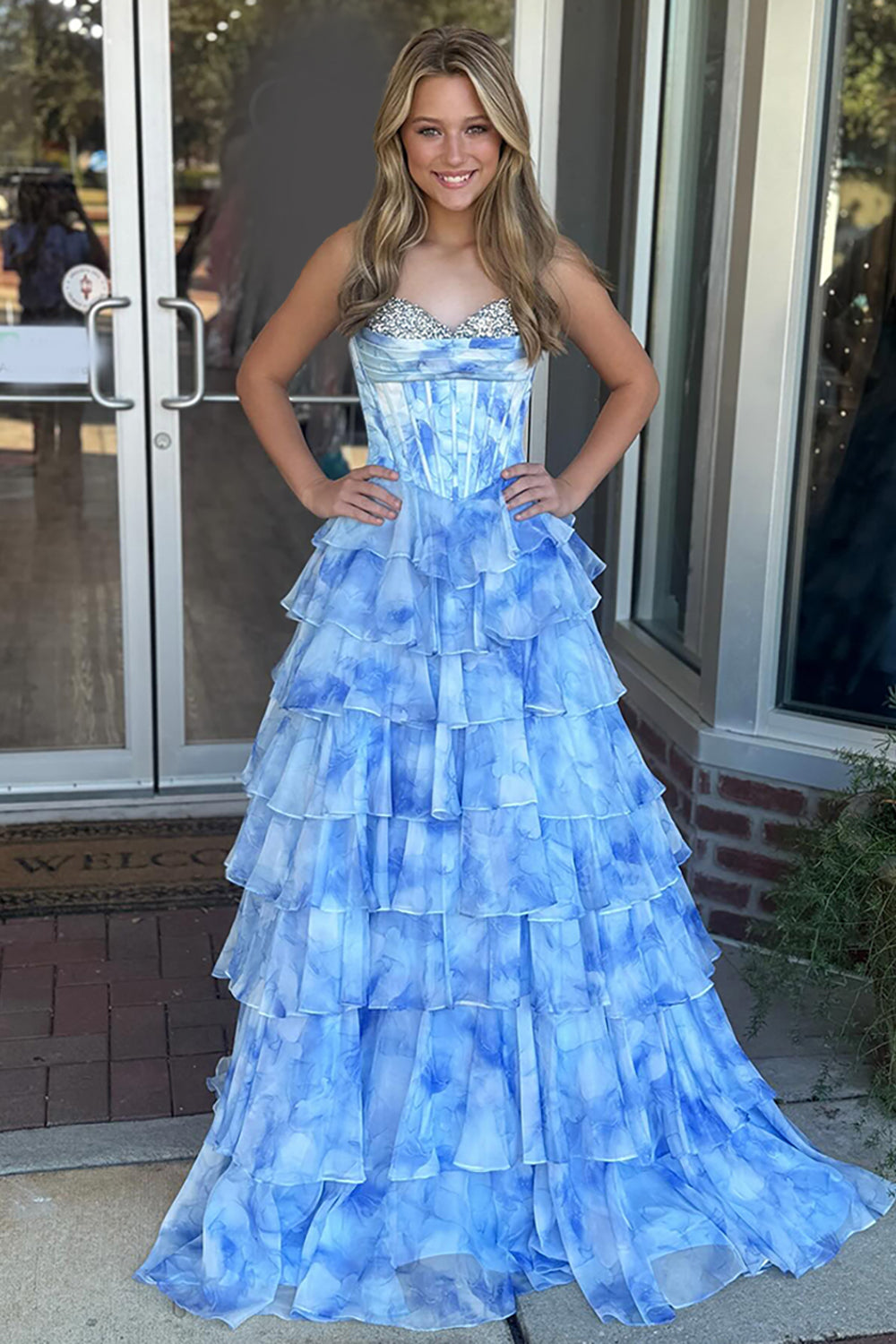 Sparkly Blue Flower Ruffled Sweetheart Corset Long Prom Dress with Beading