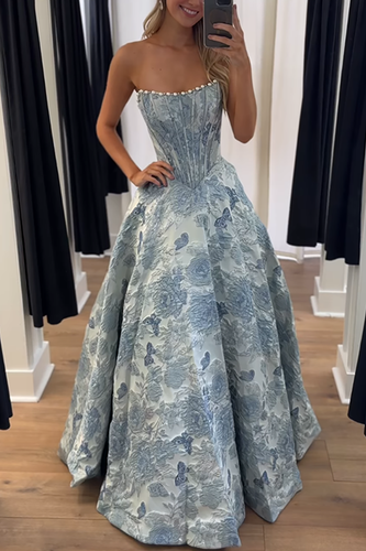 Strapless Grey Blue Floral Corset Long Prom Dress with Pearls