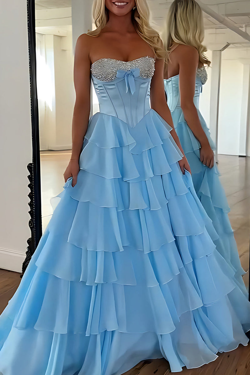 Load image into Gallery viewer, Sparkly Pink Sweetheart Beaded Ruffled Long Corset Prom Dress with Slit