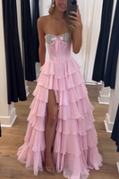 Load image into Gallery viewer, Sparkly Pink Sweetheart Beaded Ruffled Long Corset Prom Dress with Slit