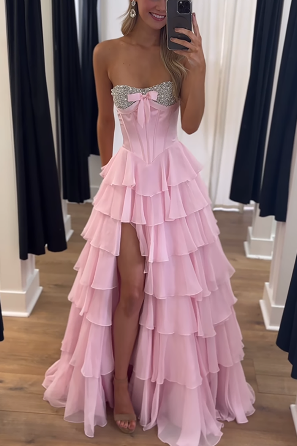 Sparkly Pink Sweetheart Beaded Ruffled Long Corset Prom Dress with Slit