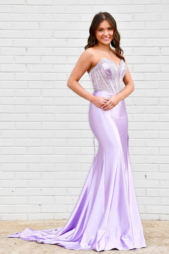 Sparkly Lilac Beaded Mermaid Sweetheart Long Corset Prom Dress
