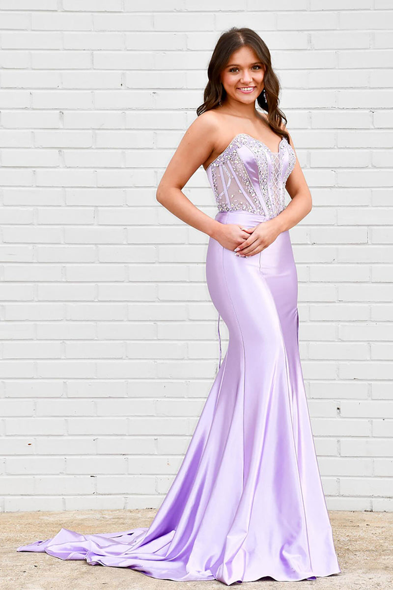 Load image into Gallery viewer, Sparkly Lilac Beaded Mermaid Sweetheart Long Corset Prom Dress