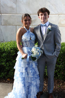 Load image into Gallery viewer, White Blue Floral Halter Ruffled Long Corset Prom Dress