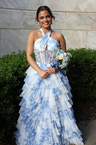 White Blue Floral Halter Ruffled Long Corset Prom Dress