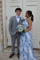 Load image into Gallery viewer, White Blue Floral Halter Ruffled Long Corset Prom Dress