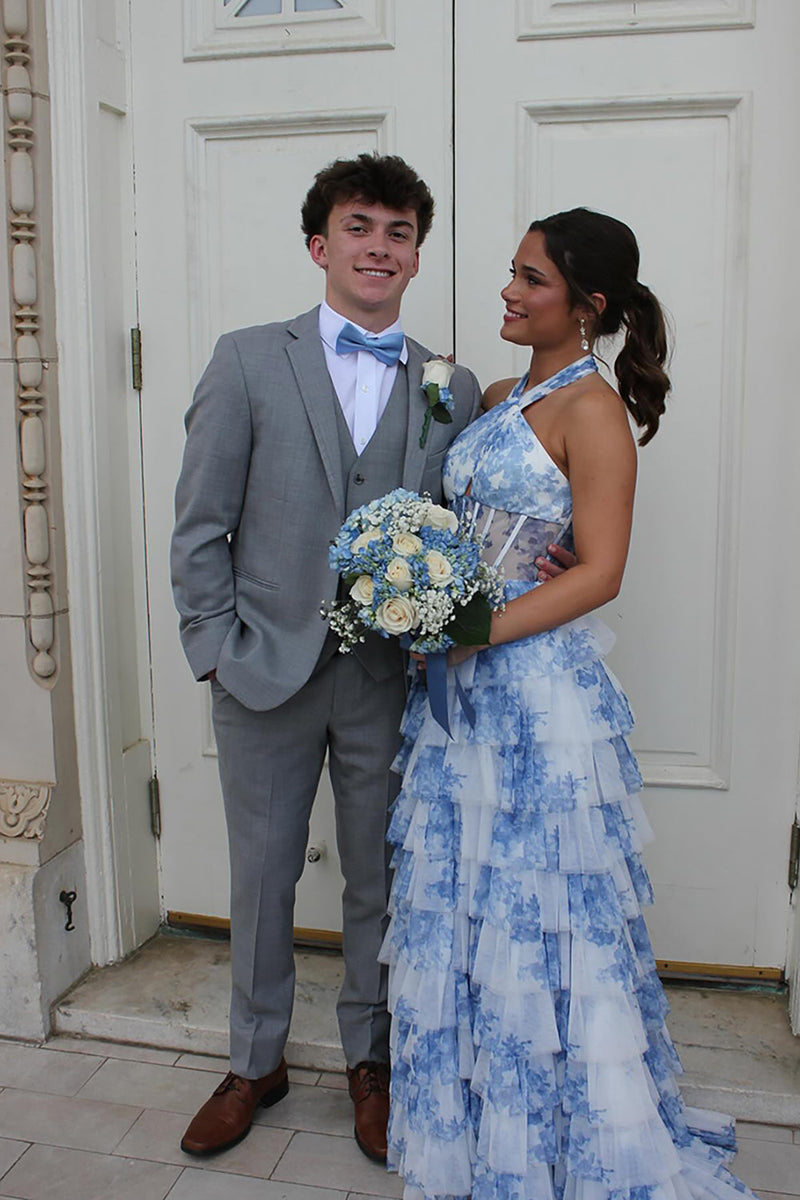 Load image into Gallery viewer, White Blue Floral Halter Ruffled Long Corset Prom Dress