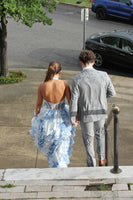 Load image into Gallery viewer, White Blue Floral Halter Ruffled Long Corset Prom Dress