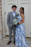 Load image into Gallery viewer, White Blue Floral Halter Ruffled Long Corset Prom Dress