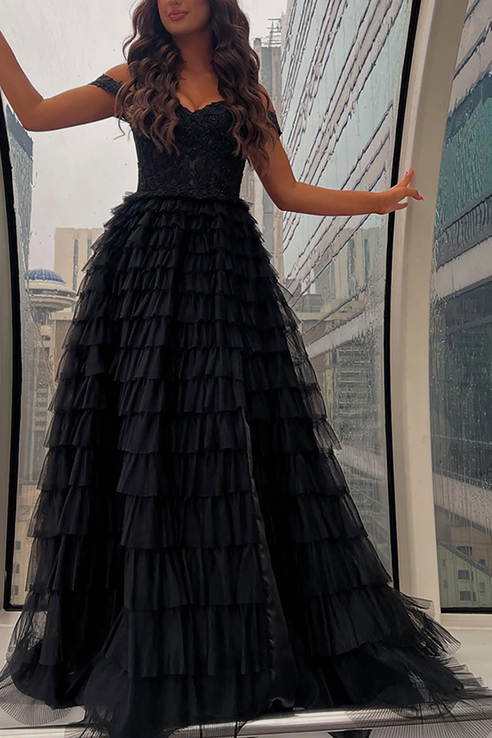 Black Ruffled Off the Shoulder Long Prom Dress with Appliques