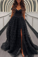 Load image into Gallery viewer, Black Ruffled Off the Shoulder Long Prom Dress with Appliques