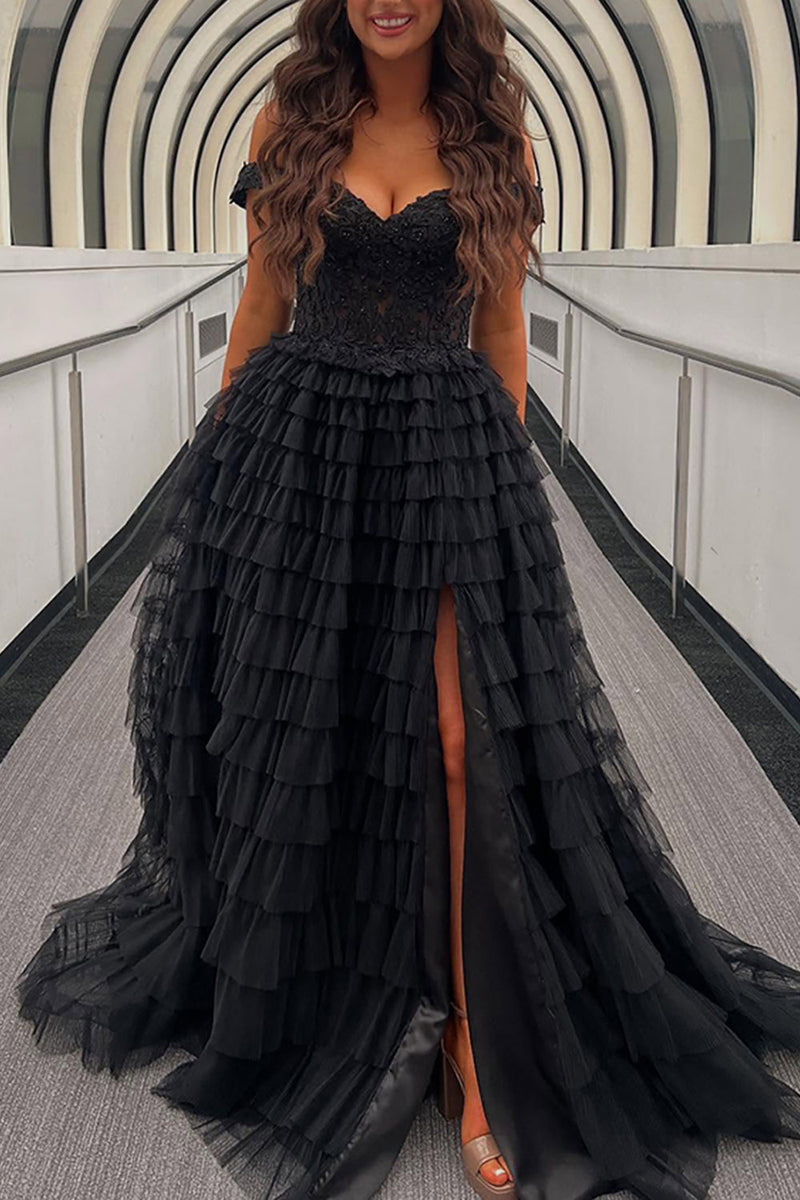 Load image into Gallery viewer, Black Ruffled Off the Shoulder Long Prom Dress with Appliques