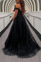 Load image into Gallery viewer, Black Ruffled Off the Shoulder Long Prom Dress with Appliques