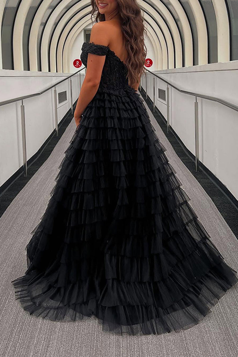 Load image into Gallery viewer, Black Ruffled Off the Shoulder Long Prom Dress with Appliques