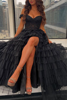 Load image into Gallery viewer, Black Ruffled Off the Shoulder Long Prom Dress with Appliques