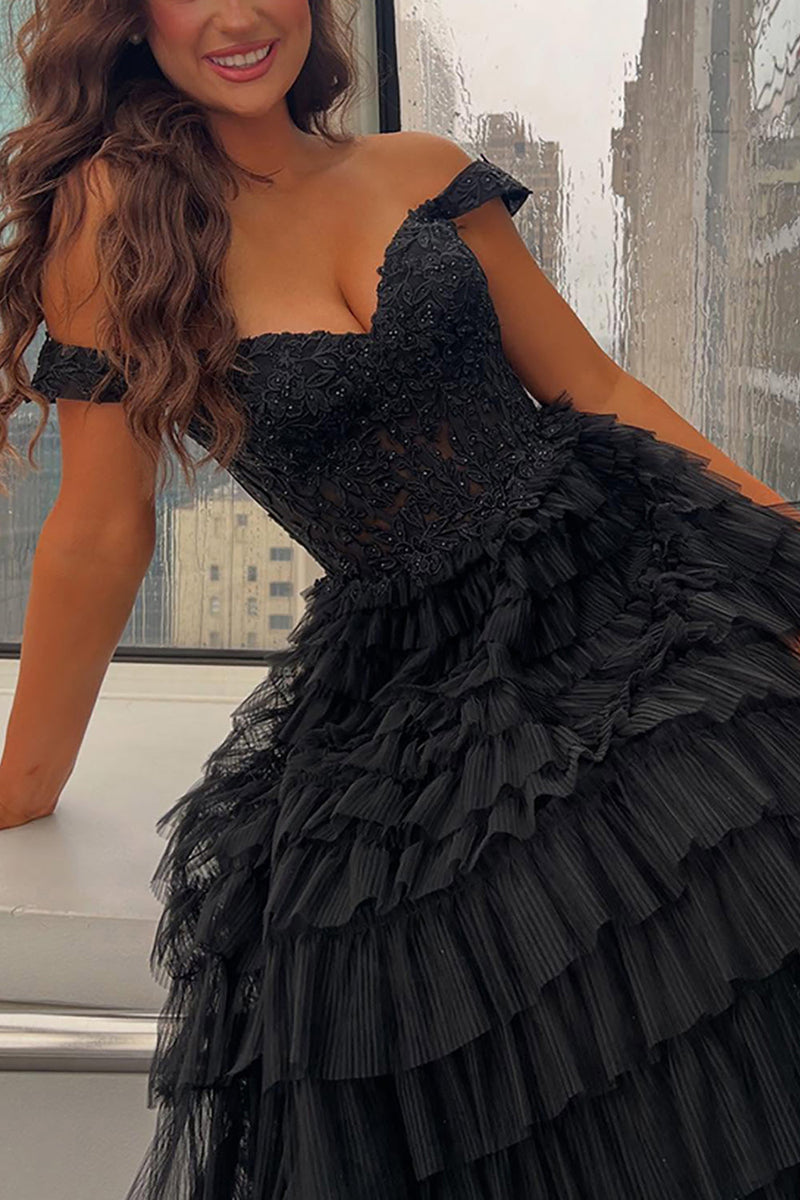 Load image into Gallery viewer, Black Ruffled Off the Shoulder Long Prom Dress with Appliques