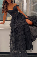 Load image into Gallery viewer, Black Ruffled Off the Shoulder Long Prom Dress with Appliques