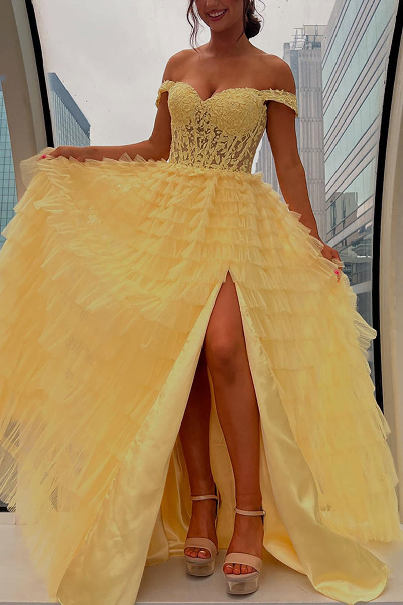 Load image into Gallery viewer, Black Ruffled Off the Shoulder Long Prom Dress with Appliques