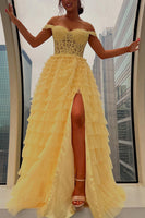 Load image into Gallery viewer, Black Ruffled Off the Shoulder Long Prom Dress with Appliques