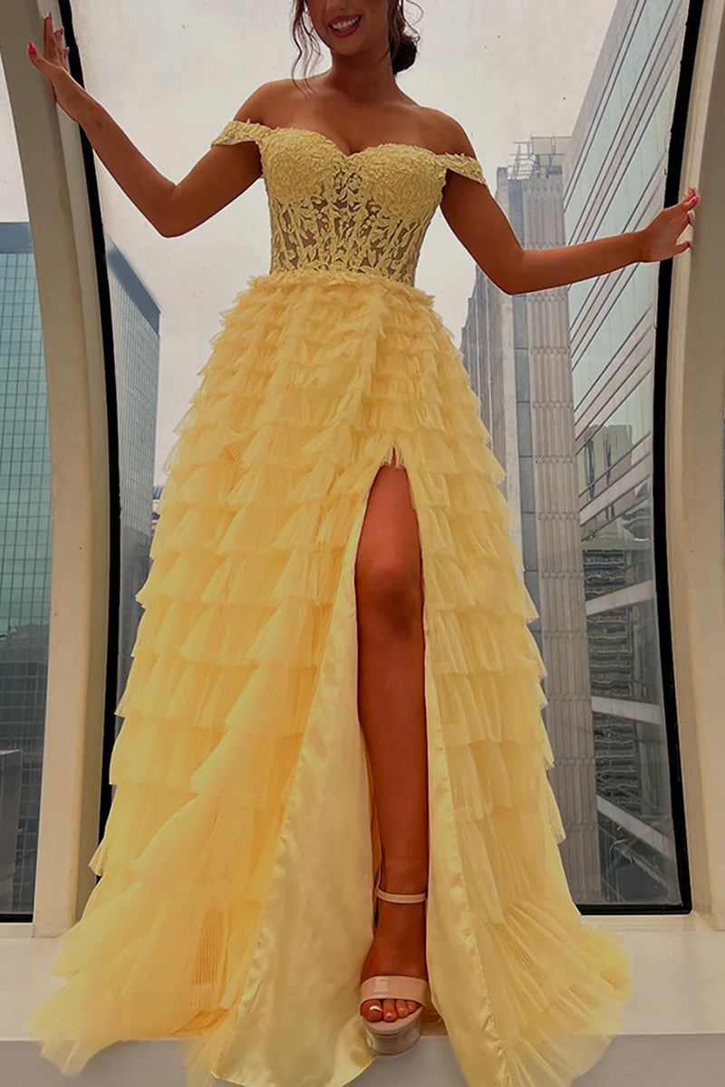 Load image into Gallery viewer, Black Ruffled Off the Shoulder Long Prom Dress with Appliques