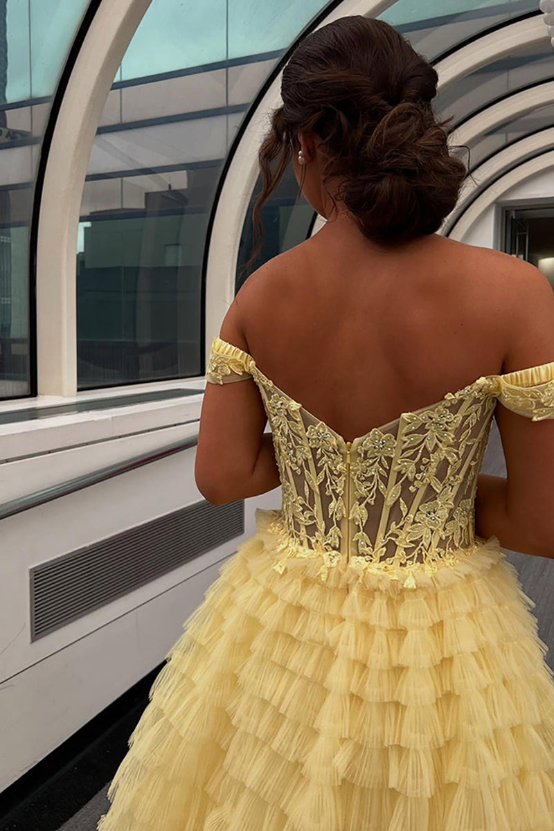 Load image into Gallery viewer, Black Ruffled Off the Shoulder Long Prom Dress with Appliques