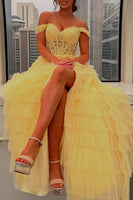 Load image into Gallery viewer, Black Ruffled Off the Shoulder Long Prom Dress with Appliques