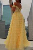 Load image into Gallery viewer, Black Ruffled Off the Shoulder Long Prom Dress with Appliques