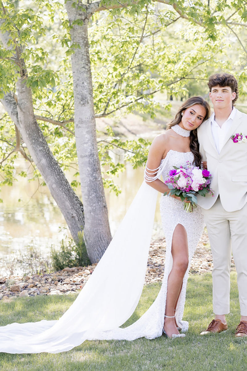 Load image into Gallery viewer, Sparkly White Off the Shoulder Corset Long Prom Dress with Side Cape