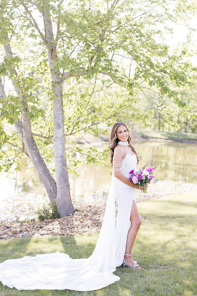 Load image into Gallery viewer, Sparkly White Off the Shoulder Corset Long Prom Dress with Side Cape