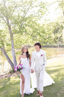 Load image into Gallery viewer, Sparkly White Off the Shoulder Corset Long Prom Dress with Side Cape