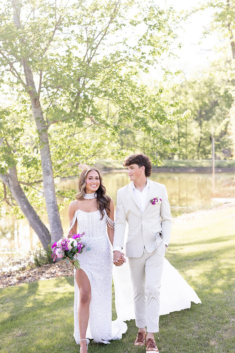 Load image into Gallery viewer, Sparkly White Off the Shoulder Corset Long Prom Dress with Side Cape