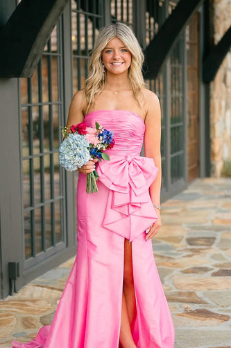 Strapless Pink Satin Mermaid Strapless Long Prom Dress with Bow