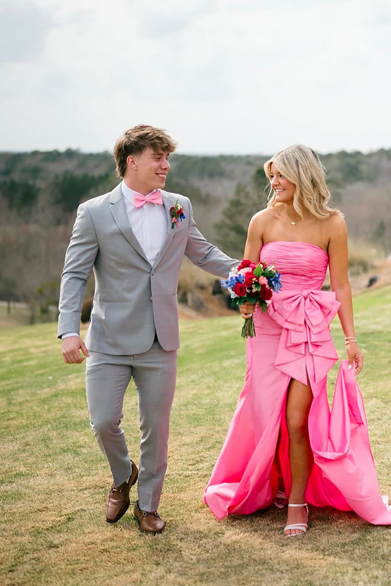 Load image into Gallery viewer, Strapless Pink Satin Mermaid Strapless Long Prom Dress with Bow