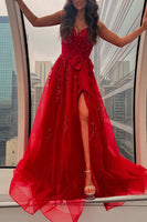 Load image into Gallery viewer, Red Appliqued Spaghetti Straps A Line Long Prom Dress with Bow