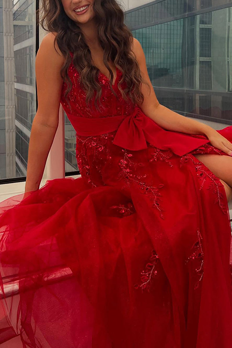 Load image into Gallery viewer, Red Appliqued Spaghetti Straps A Line Long Prom Dress with Bow