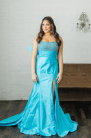 Load image into Gallery viewer, Sparkly Peacock Blue Beaded Square Neck Long Mermaid Prom Dress with Bow