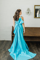Load image into Gallery viewer, Sparkly Peacock Blue Beaded Square Neck Long Mermaid Prom Dress with Bow