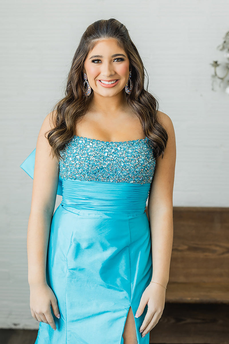 Load image into Gallery viewer, Sparkly Peacock Blue Beaded Square Neck Long Mermaid Prom Dress with Bow