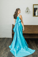Load image into Gallery viewer, Sparkly Peacock Blue Beaded Square Neck Long Mermaid Prom Dress with Bow
