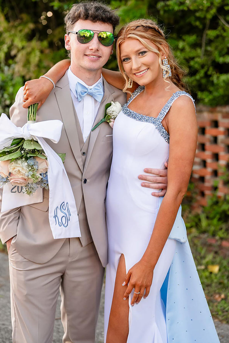 Load image into Gallery viewer, Sparkly White Mermaid Thick Straps Beaded Long Prom Dress with Slit